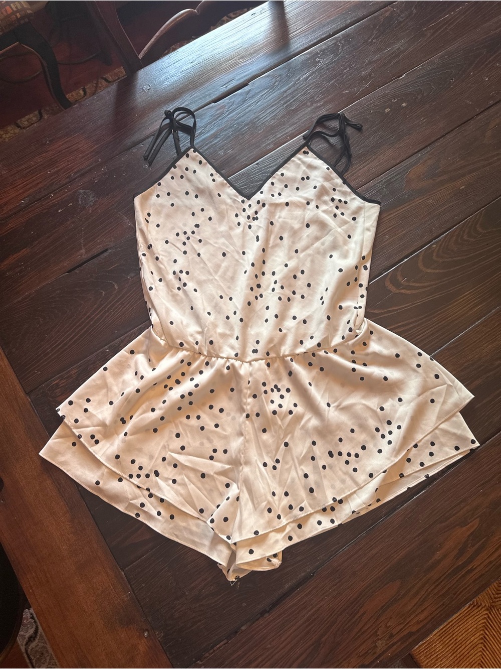 kate spade Cream Polka Dot Satin Sleep Romper with Black Trim
